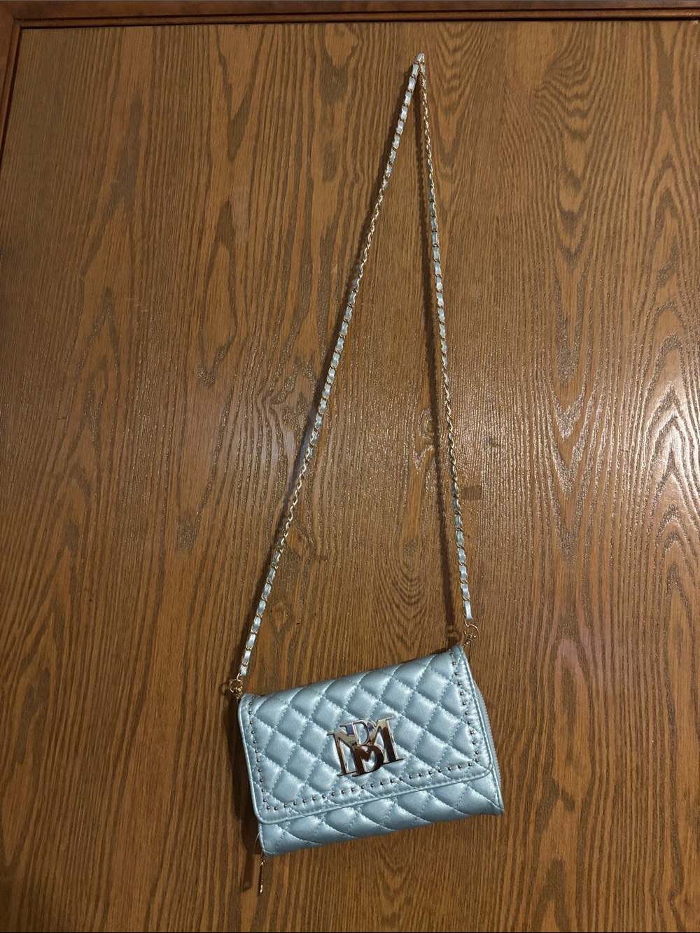 Badgley Mischka Quilted Metallic Blue Crossbody Bag with Chain Strap